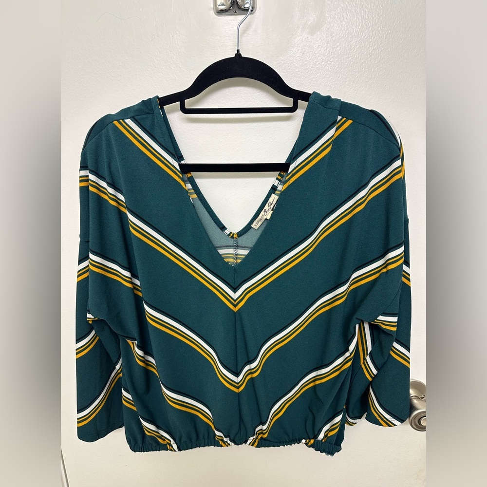 Express One Eleven Green & Yellow Stripe Wide Sleeve Top, Size M